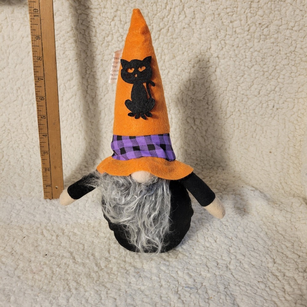 Gnome Decor Halloween Witches Hat & Black Cat Gnome 10-1/2"